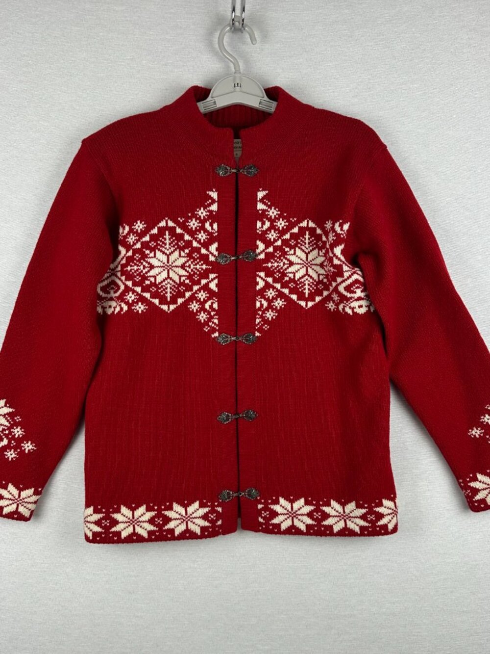 BALTIC INSPIRATIONS RED & WHITE NORDIC SNOWFLAKE WOOL CARDIGAN SWEATER SIZE S